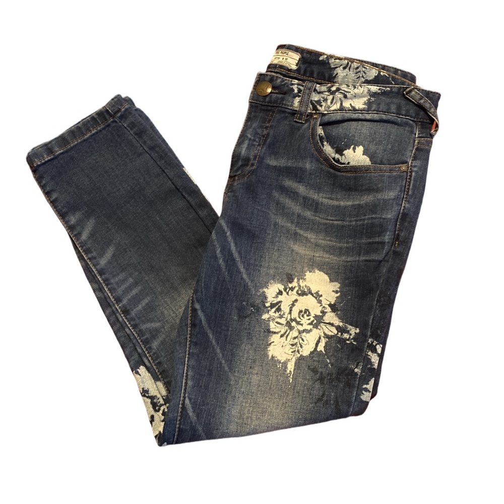 Free People Indigo Skinny Jeans with White Floral Details